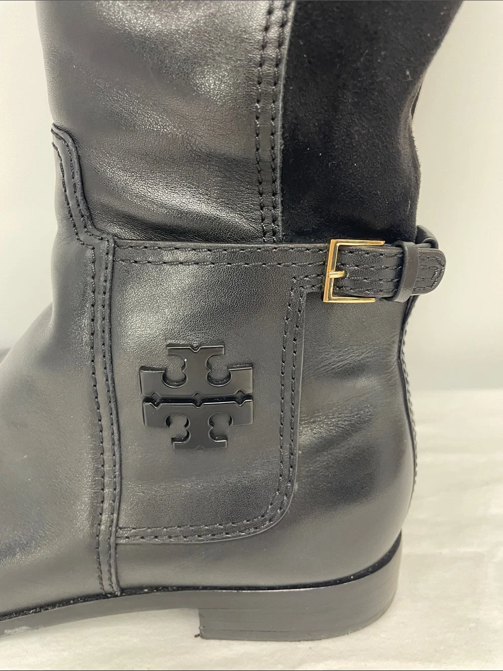 Tory Burch Black Leather & Stretch Over-the-Knee Riding Boots with Buckle